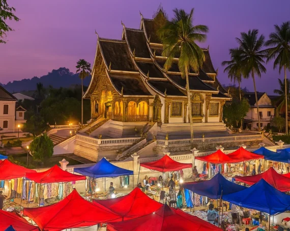 라오스 비엔티안 야경, 강변에 비친 불빛과 황금빛 사원 전경