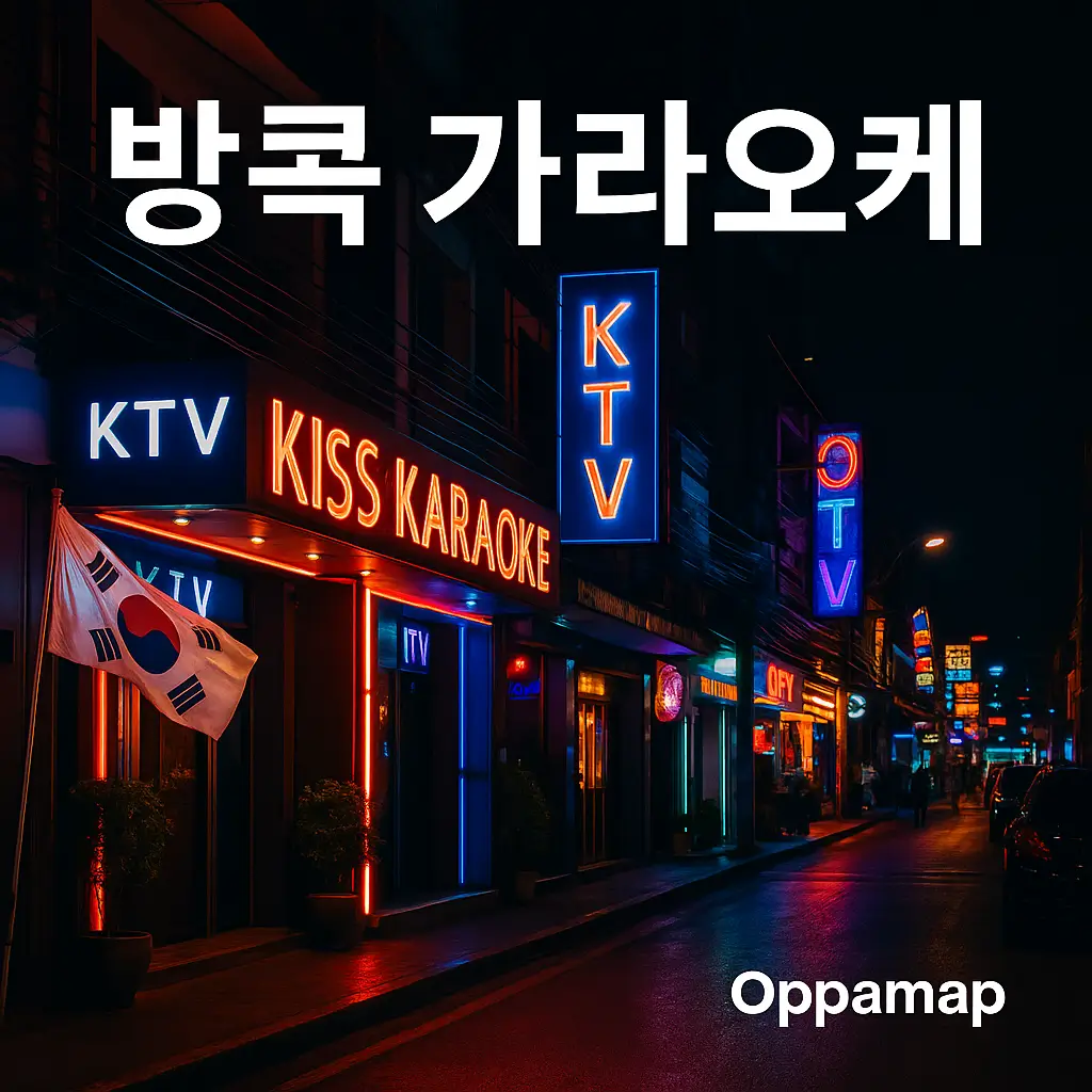 방콕의 한국식 KTV 가라오케 거리 네온사인과 ‘방콕 가라오케’ 문구가 포함된 OppaMap 야간 거리 이미지