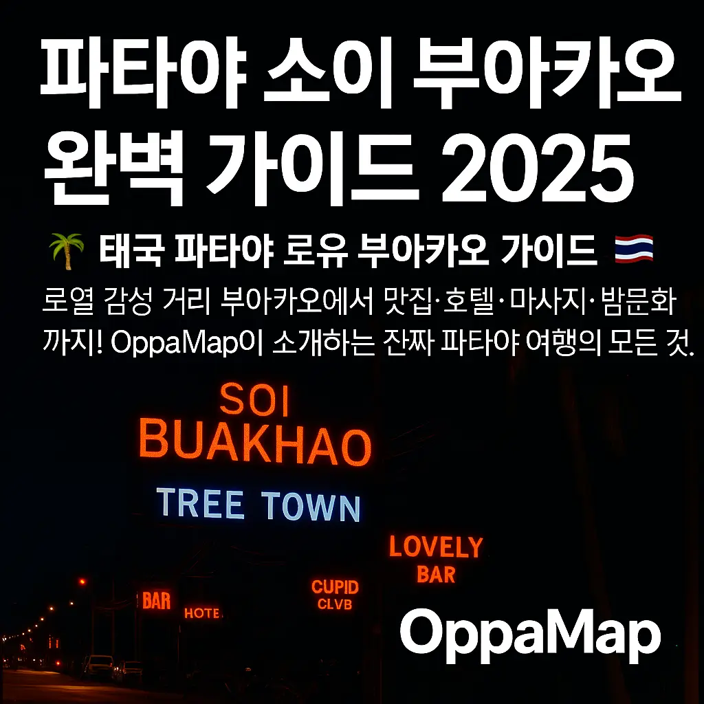 네온사인으로 빛나는 태국 파타야 소이 부아카오 거리의 야경, OppaMap 로고와 함께 '파타야 소이 부아카오 완벽 가이드 2025' 문구가 적힌 썸네일 이미지.