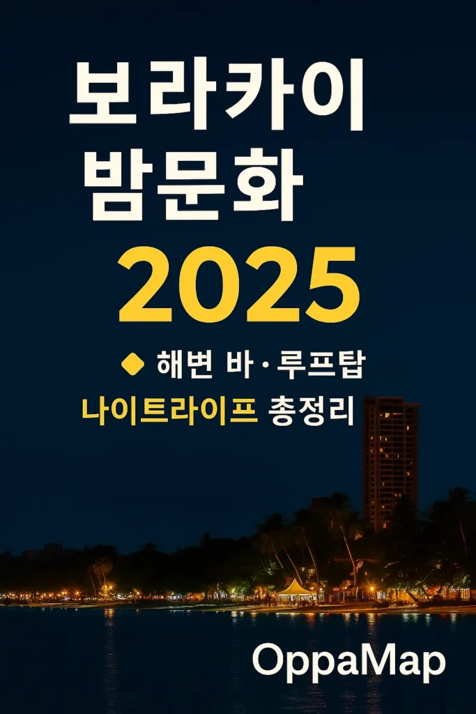 보라카이 해변 야경을 배경으로 한 2025 보라카이 밤문화 가이드 썸네일 이미지. 해변의 노란 조명과 야자수 실루엣이 보이며, ‘보라카이 밤문화 2025’라는 굵은 텍스트가 함께 표시된 디자인.