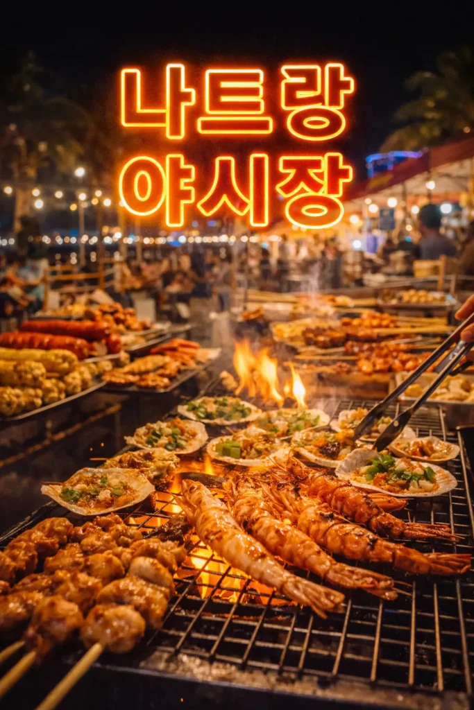 나트랑 야시장의 밤 풍경과 해산물 그릴 노점이 보이며 ‘나트랑 야시장’ 텍스트가 들어간 썸네일 이미지