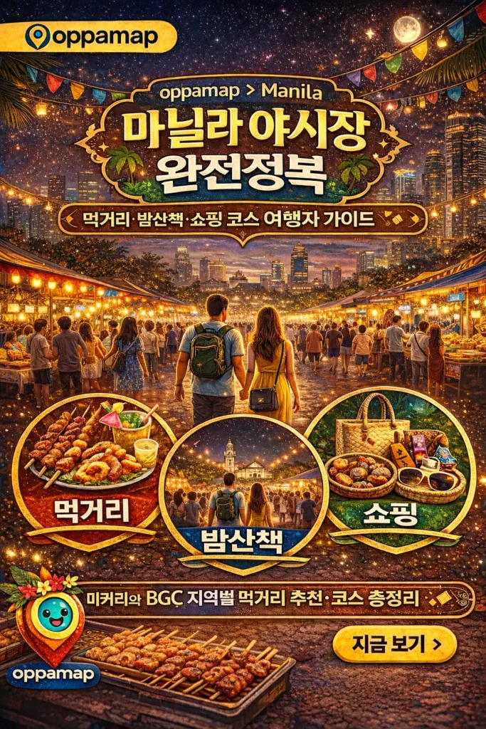 마닐라 야시장의 밤 풍경과 스트리트 푸드 노점, 마카티·BGC 스카이라인이 보이며 ‘마닐라 야시장 완전정복’과 ‘먹거리·밤산책·쇼핑 코스 여행자 가이드’ 문구가 포함된 oppamap 브랜드 썸네일 이미지