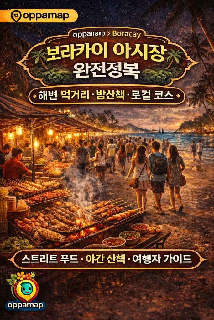 보라카이 야시장의 밤 풍경과 해변 인근 스트리트 푸드 노점, 해산물과 그릴 요리가 보이는 로컬 야시장 모습과 ‘보라카이 야시장 완전정복’ 문구가 포함된 oppamap 브랜드 스타일 썸네일 이미지