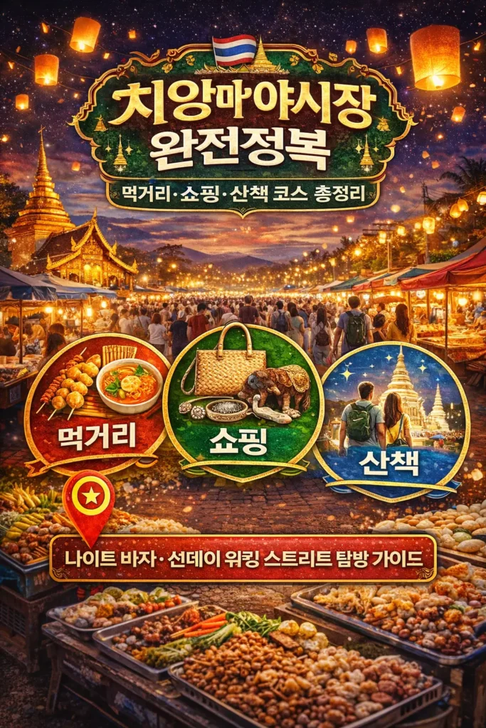 치앙마이 야시장의 밤 풍경과 전통 사원, 먹거리 노점이 어우러진 모습과 ‘치앙마이 야시장 완전정복’ 문구, 먹거리·쇼핑·산책 아이콘이 포함된 썸네일 이미지
