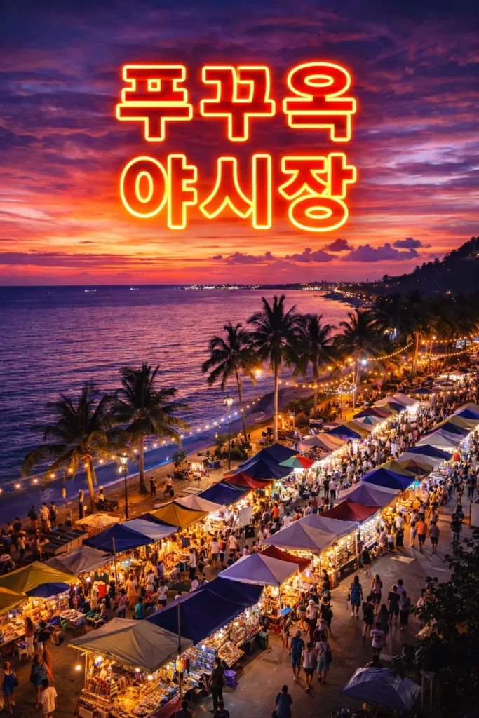 푸꾸옥 야시장의 해변 야경과 야시장 노점이 펼쳐진 풍경을 배경으로 ‘푸꾸옥 야시장’ 텍스트가 들어간 썸네일 이미지