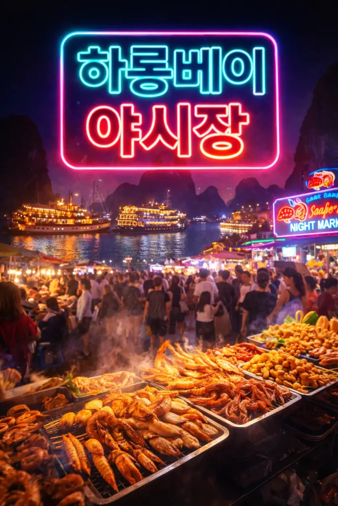 하롱베이 야시장의 해산물 노점과 붐비는 시장 풍경, 크루즈 야경이 함께 보이며 ‘하롱베이 야시장’ 텍스트가 들어간 썸네일 이미지