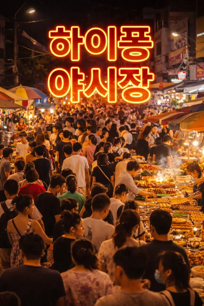 하이퐁 야시장의 붐비는 밤거리와 길거리 음식 노점이 보이며 ‘하이퐁 야시장’ 텍스트가 크게 들어간 썸네일 이미지