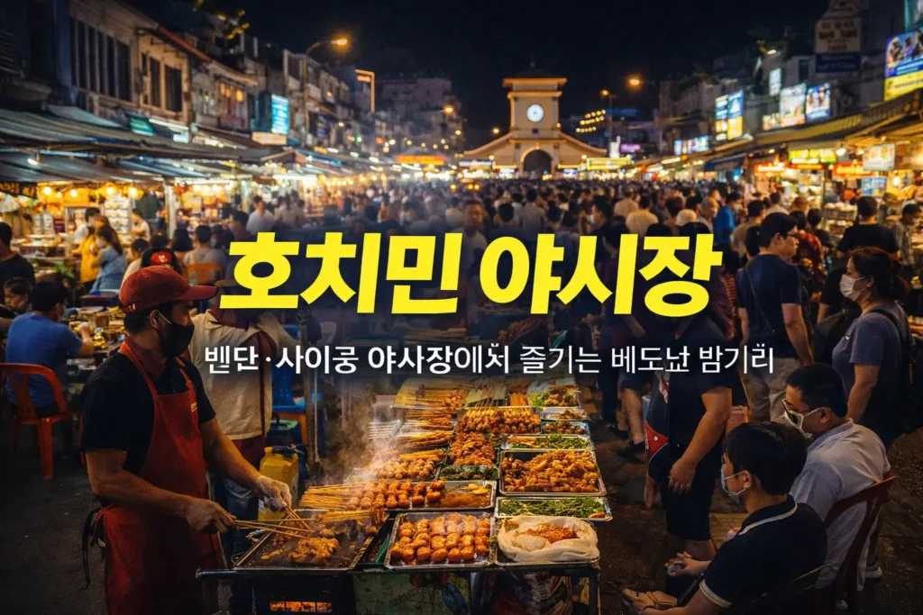 호치민 야시장의 밤 풍경과 길거리 음식 노점, 인파로 가득 찬 시장을 배경으로 ‘호치민 야시장’ 문구가 강조된 썸네일 이미지