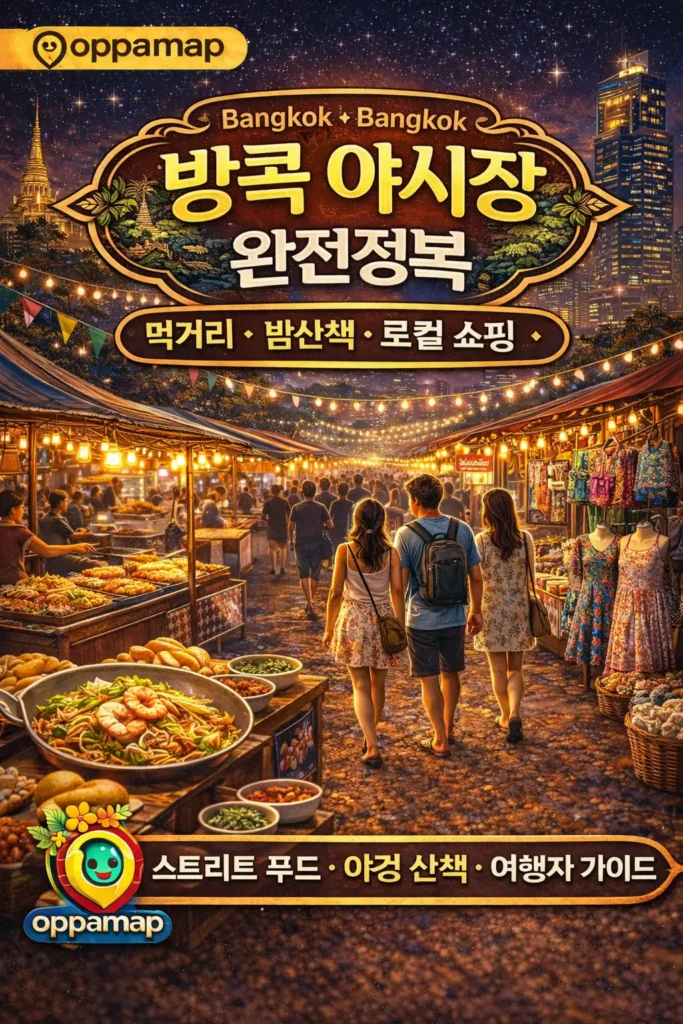방콕 야시장의 밤 풍경과 스트리트 푸드 노점, 여행자들이 산책하며 즐기는 모습이 담긴 oppamap 브랜드 스타일 썸네일 이미지