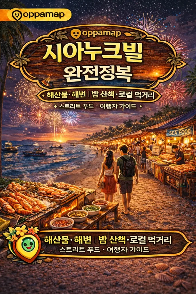 시아누크빌 해변을 배경으로 불꽃놀이와 함께 펼쳐진 야시장 풍경과 해산물 노점, 여행자가 산책하는 모습이 담긴 oppamap 스타일 썸네일 이미지