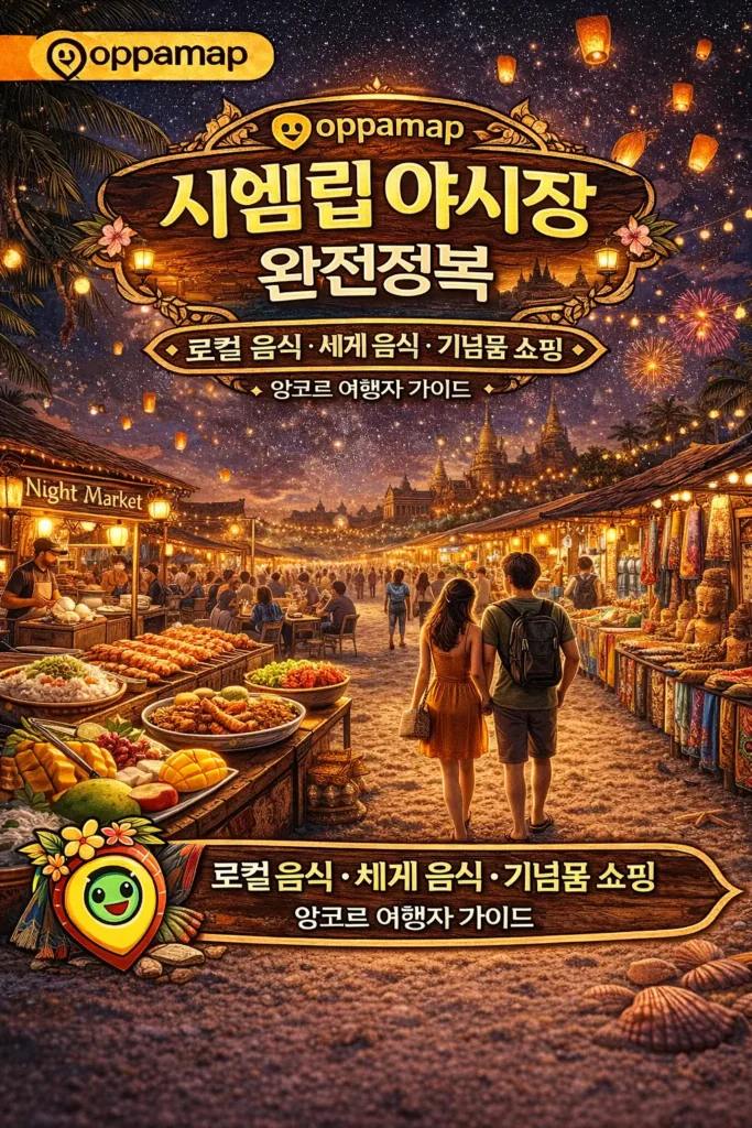 시엠립 야시장의 밤 풍경과 전통 조명 아래 펼쳐진 스트리트 푸드 노점, 여행자들이 산책하며 쇼핑을 즐기는 모습이 담긴 oppamap 브랜드 스타일 썸네일 이미지