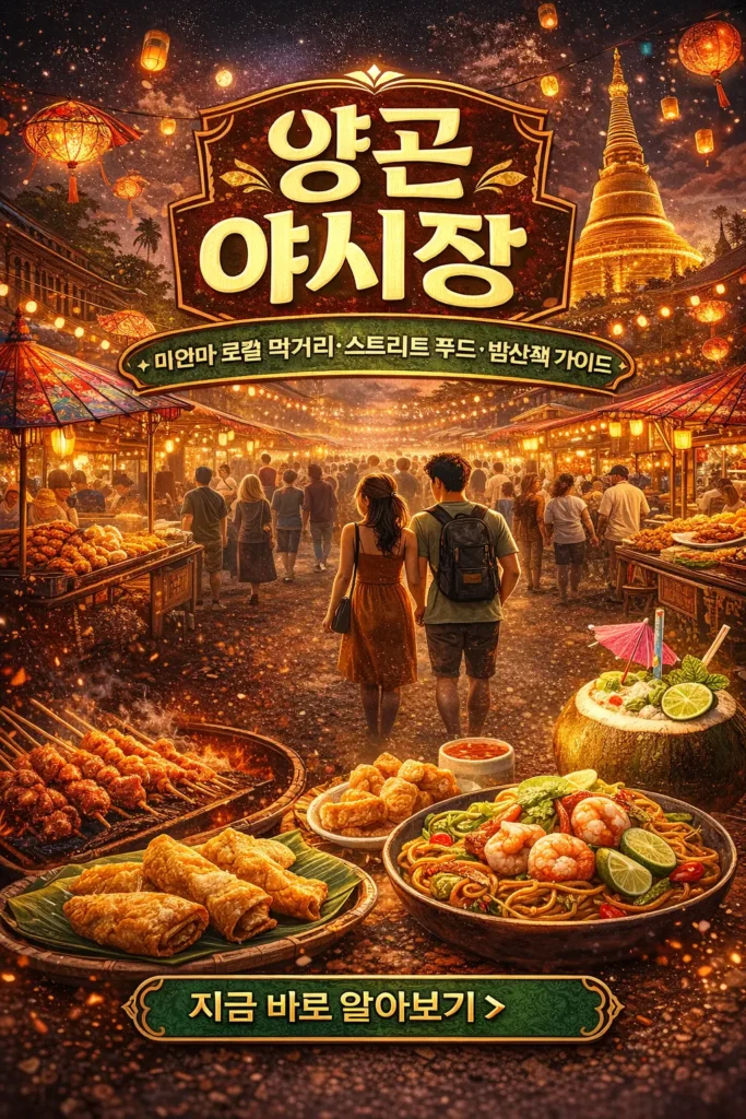 미얀마 양곤 야시장의 화려한 야경과 스트리트 푸드 노점, 쉐다곤 파고다를 배경으로 여행자가 산책하는 모습이 담긴 oppamap 여행 가이드 썸네일 이미지