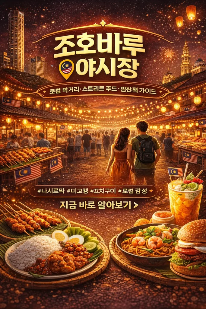 조호바루 야시장의 활기찬 밤 풍경과 스트리트 푸드 노점, 조명이 켜진 거리와 여행자가 산책하는 모습이 담긴 oppamap 여행 가이드 썸네일 이미지