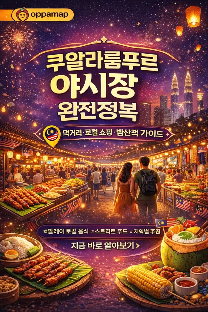 쿠알라룸푸르 야시장의 밤 풍경과 스트리트 푸드 노점, 페트로나스 트윈타워 야경을 배경으로 여행자가 산책하는 모습이 담긴 oppamap 브랜드 스타일 썸네일 이미지