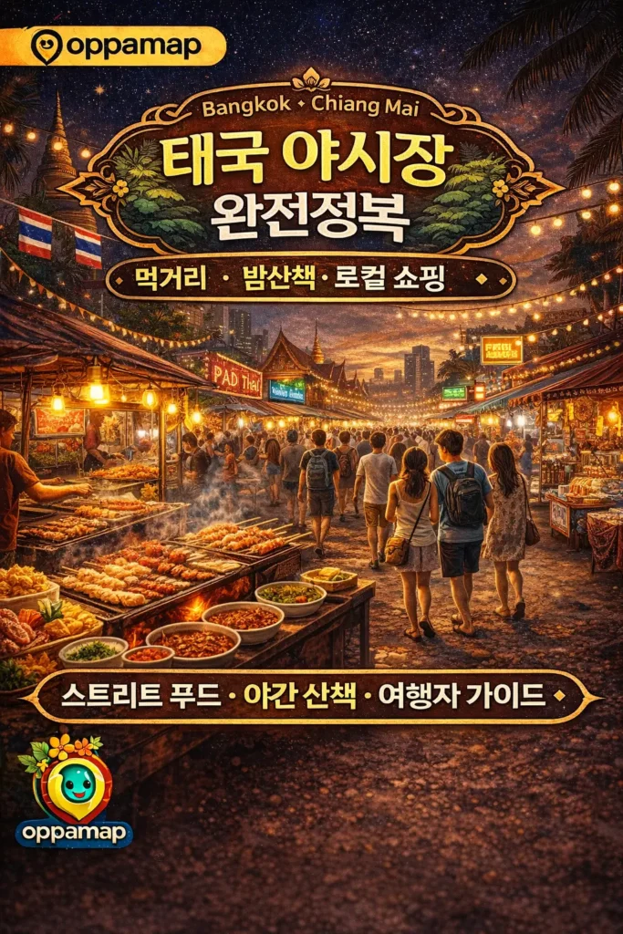 태국 야시장의 밤거리와 네온 조명 아래 스트리트 푸드 노점, 여행자들이 걷는 모습과 ‘태국 야시장 완전정복’ 문구가 포함된 oppamap 브랜드 스타일 썸네일 이미지
