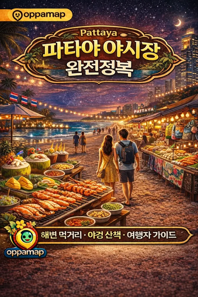 파타야 해변 인근 야시장의 밤 풍경과 스트리트 푸드 노점, 해산물과 바비큐 요리가 진열된 모습과 여행자들이 산책하는 장면이 담긴 썸네일 이미지