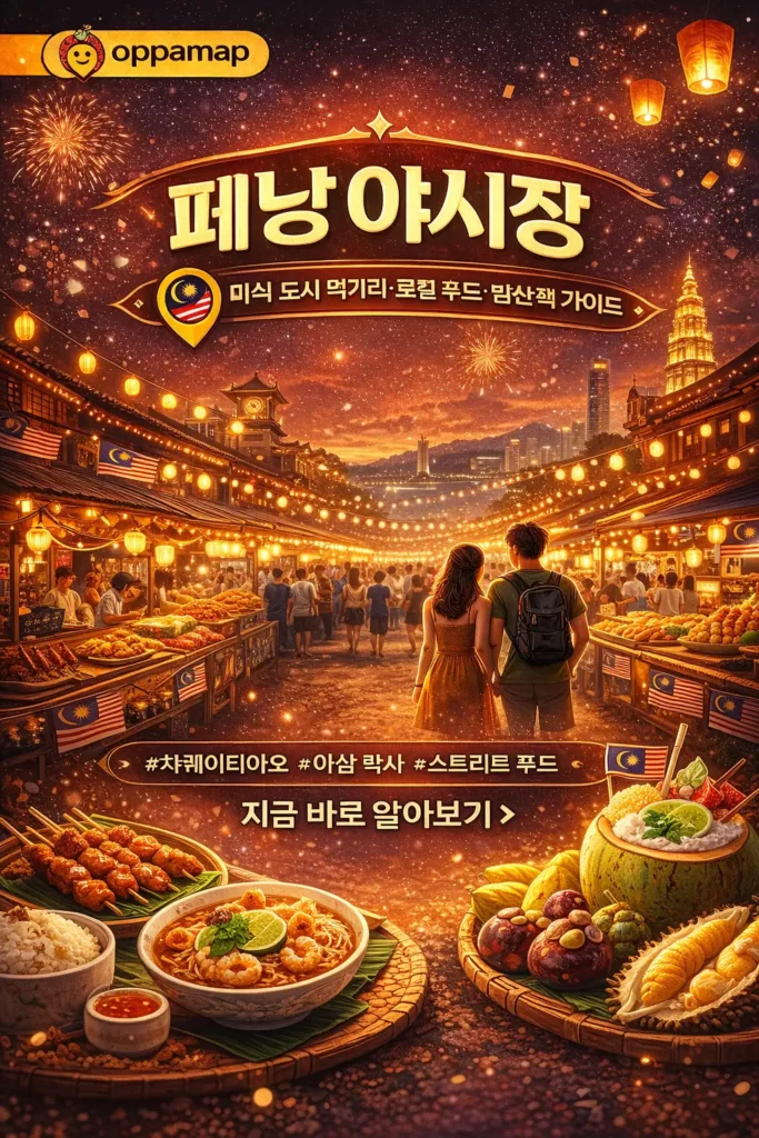 페낭 야시장의 밤 풍경과 스트리트 푸드 노점, 전통 건축물과 조명이 어우러진 모습이 담긴 oppamap 여행 가이드 썸네일 이미지