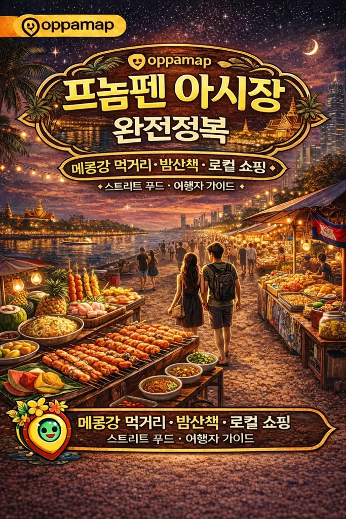 프놈펜 리버사이드 인근 야시장의 밤 풍경과 스트리트 푸드 노점, 메콩강 야경과 여행자가 어우러진 모습이 담긴 oppamap 브랜드 스타일 썸네일 이미지