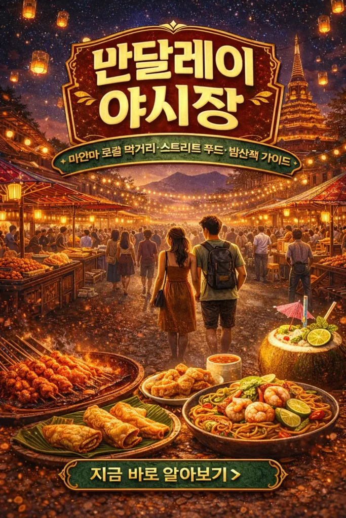 만달레이 야시장의 밤 풍경과 스트리트 푸드 노점, 조명이 켜진 시장 거리와 미얀마 전통 건축물이 담긴 여행 가이드 썸네일 이미지